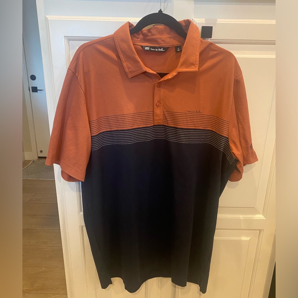Travis Mathew Polo Shirt Men’s XL Navy Orange Striped Lone Tree Golf Club